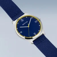 Load image into Gallery viewer, Bering Ultra Slim Polished Brushed Silver Mens Watch Blue Face Nato Strap
