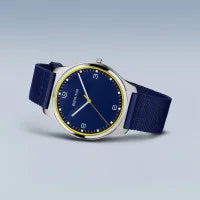 Load image into Gallery viewer, Bering Ultra Slim Polished Brushed Silver Mens Watch Blue Face Nato Strap
