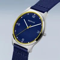 Load image into Gallery viewer, Bering ultra slim polished brushed silver Mens Watch Blue face Nato Strap
