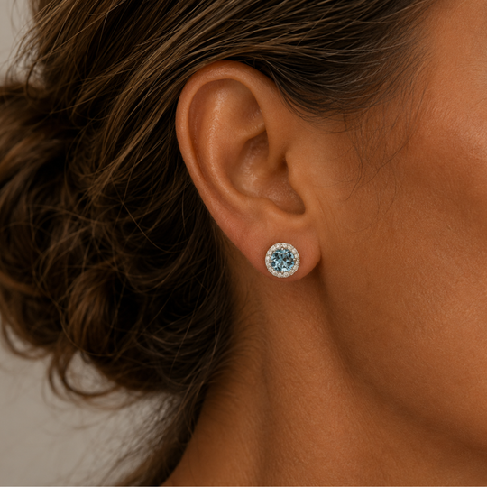 Diamond and Aquamarine 18ct White Gold Stud Earrings, view 2