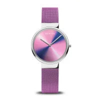 Classic polished silver Pink Aurora Borealis dial Ladies Bering Watch