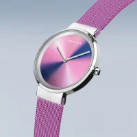 Classic Polished Silver Pink Aurora Borealis Dial Ladies Bering Watch