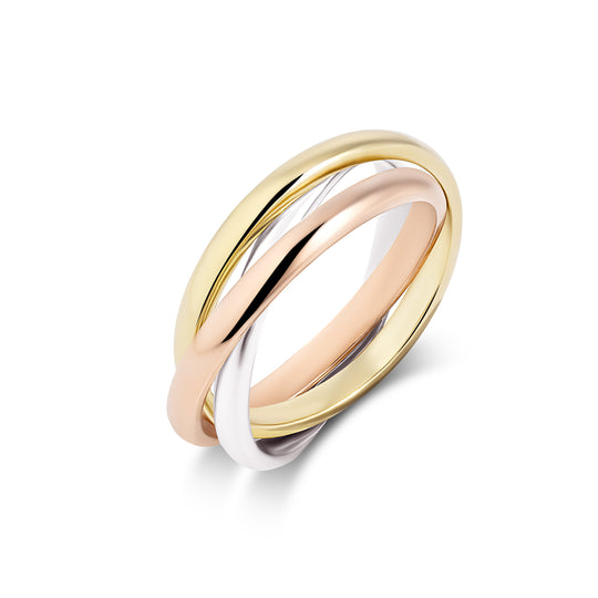 Three-band ring in gold, rose gold, and silver on a white background