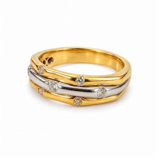 Preowned 18ct Gold Diamond Three Row Ring, Size N on white background