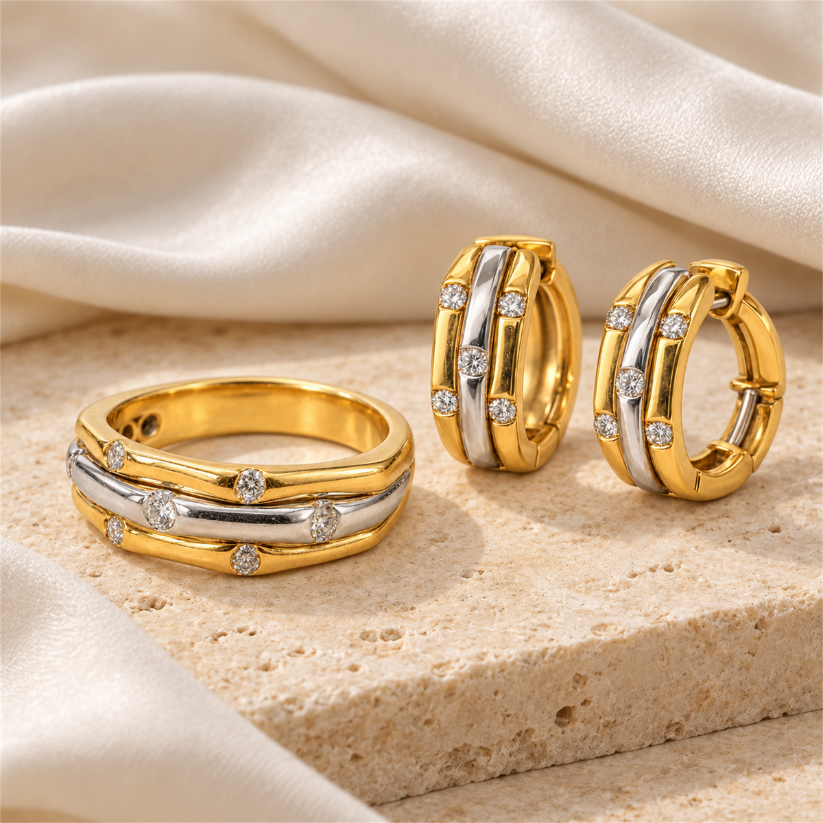 Preowned 18ct Gold diamond ring and huggie earrings arranged together on pale stone and ivory silk, sold separately