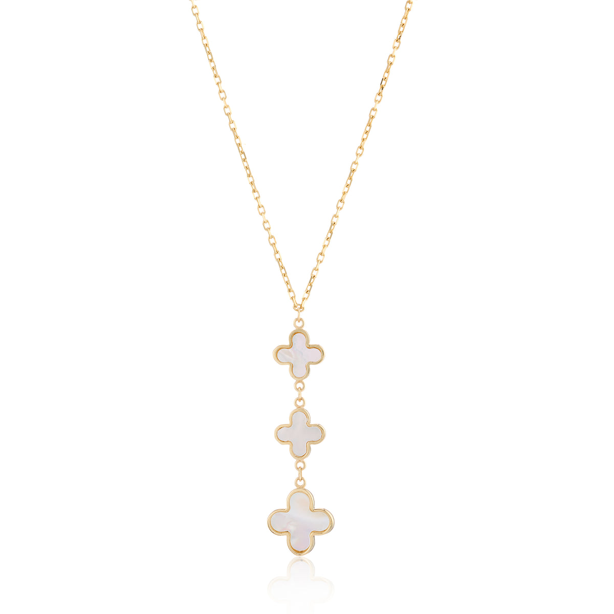 9ct Yellow Gold Mother of Pearl Y Shaped Drop Clover Necklace