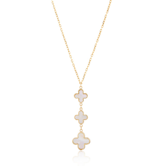 9ct Yellow Gold Mother of Pearl Y Shaped Drop Clover Necklace