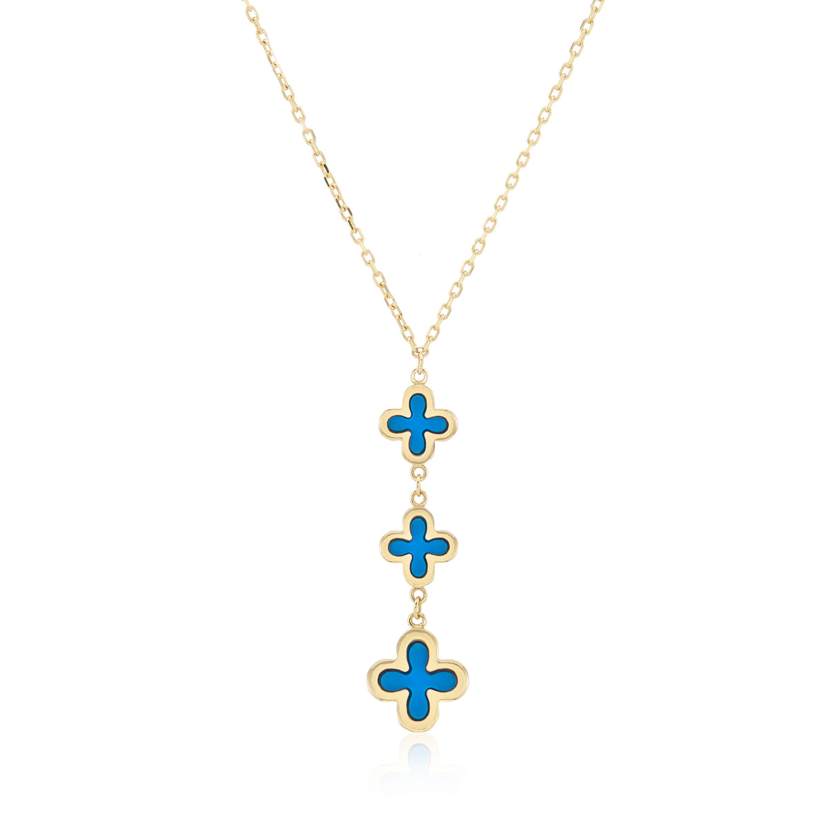 9ct Yellow Gold Turquoise Y shaped Drop Clover Necklace