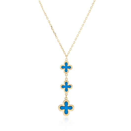 9ct Yellow Gold Turquoise Y shaped Drop Clover Necklace