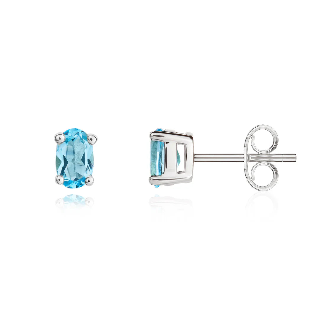 9ct White Gold Oval Swiss Blue Topaz Claw set Earrings