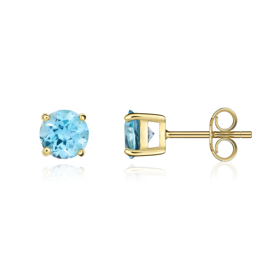 9ct Yellow Gold Round Blue Topaz Claw set Earrings