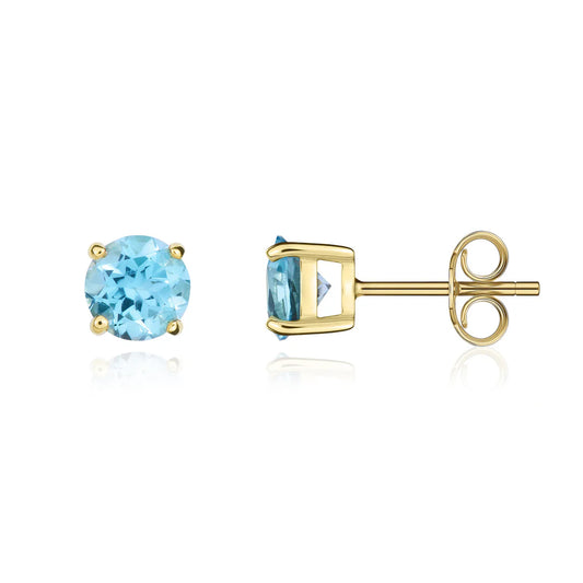 9ct Yellow Gold Round Blue Topaz Claw set Earrings