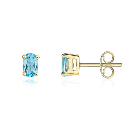 9ct Yellow Gold Oval Swiss Blue Topaz claw set Earrings