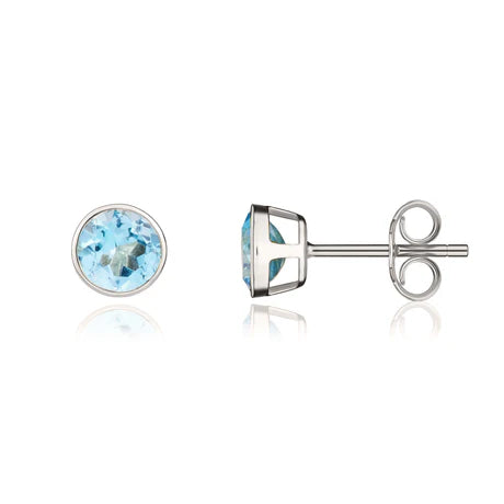 9ct White Gold Round Blue Topaz Rubover set Earrings