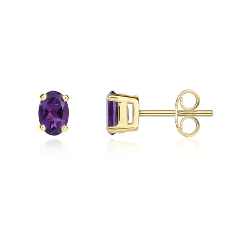 9ct Yellow Gold Oval Amethyst Claw Set Earrings