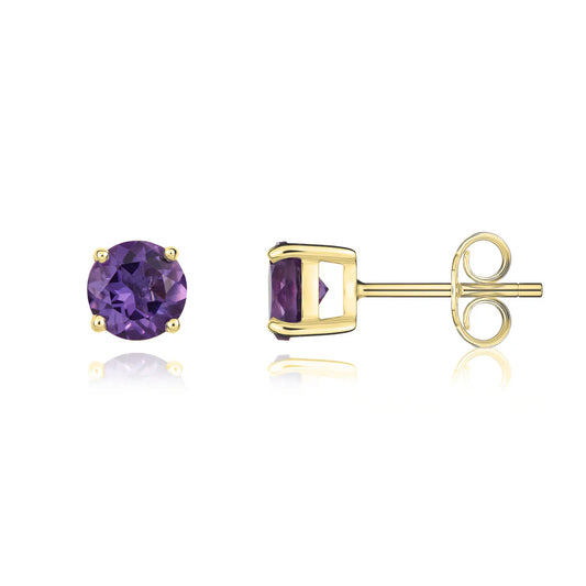 9ct Yellow Gold Round Amethyst Claw set Earrings