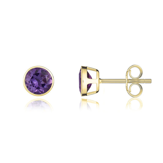 9ct Yellow Gold Round Amethyst Rubover set Earrings