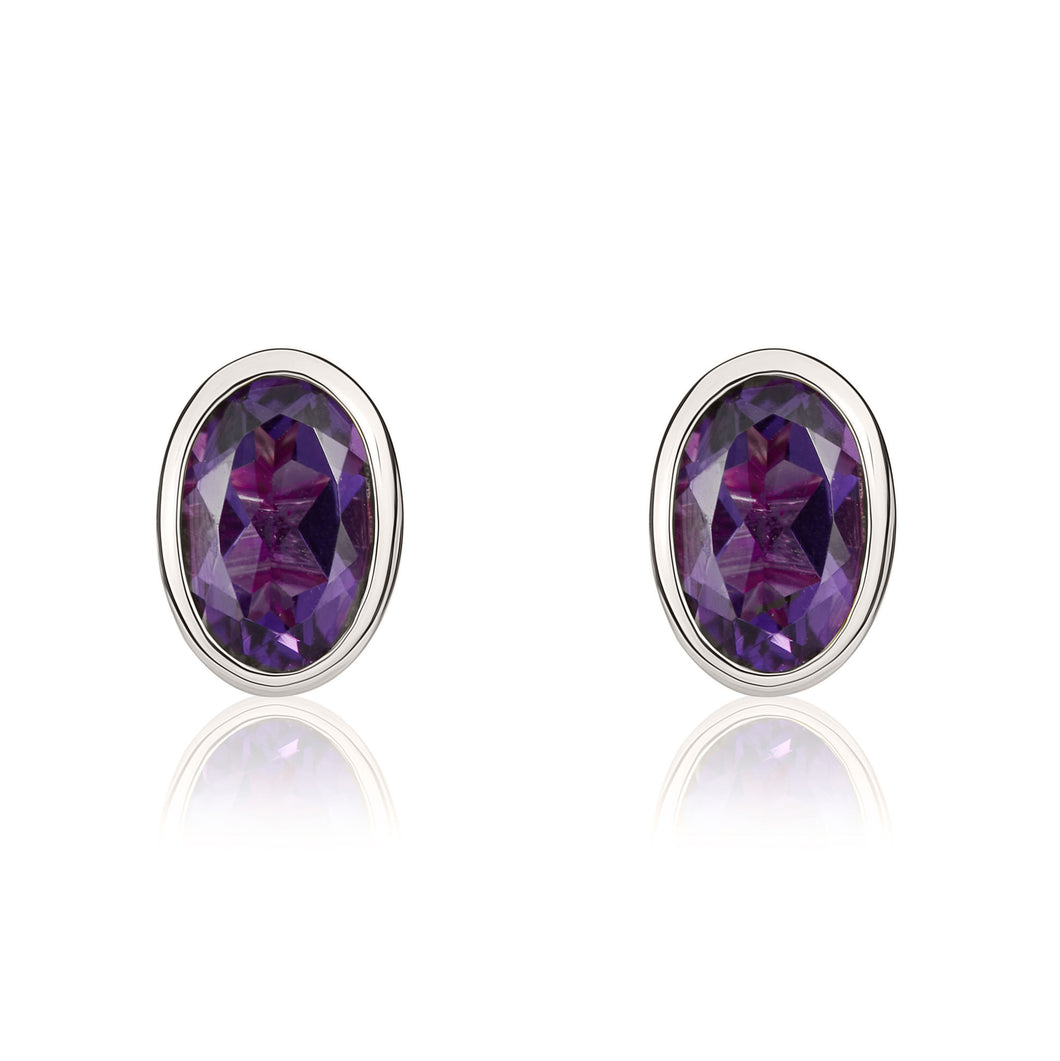 9ct White Gold Oval Amethyst Rubover set Earrings