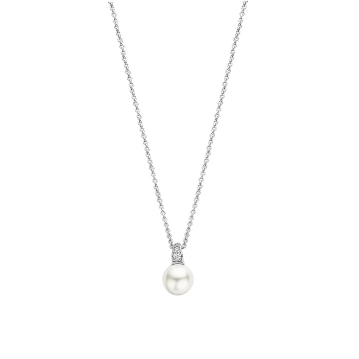 Sterling Silver 8mm Pearl and Cubic Zirconia Pendant Necklace