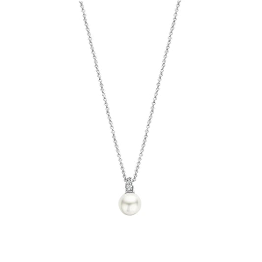Sterling Silver 8mm Pearl and Cubic Zirconia Pendant Necklace