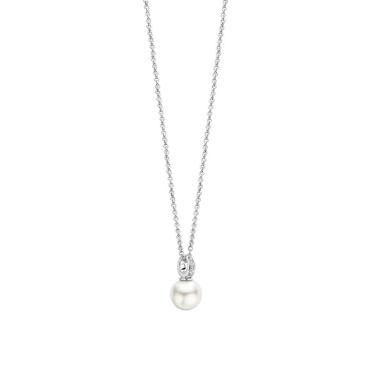 Sterling Silver 8mm Pearl and Cubic Zirconia Pendant Necklace, view 4