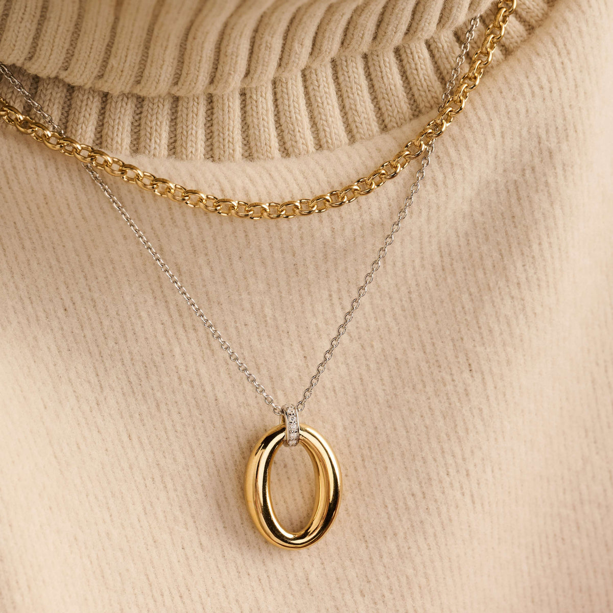 Gold Vermeil soft oval pendant on Sterling Silver chain, styled