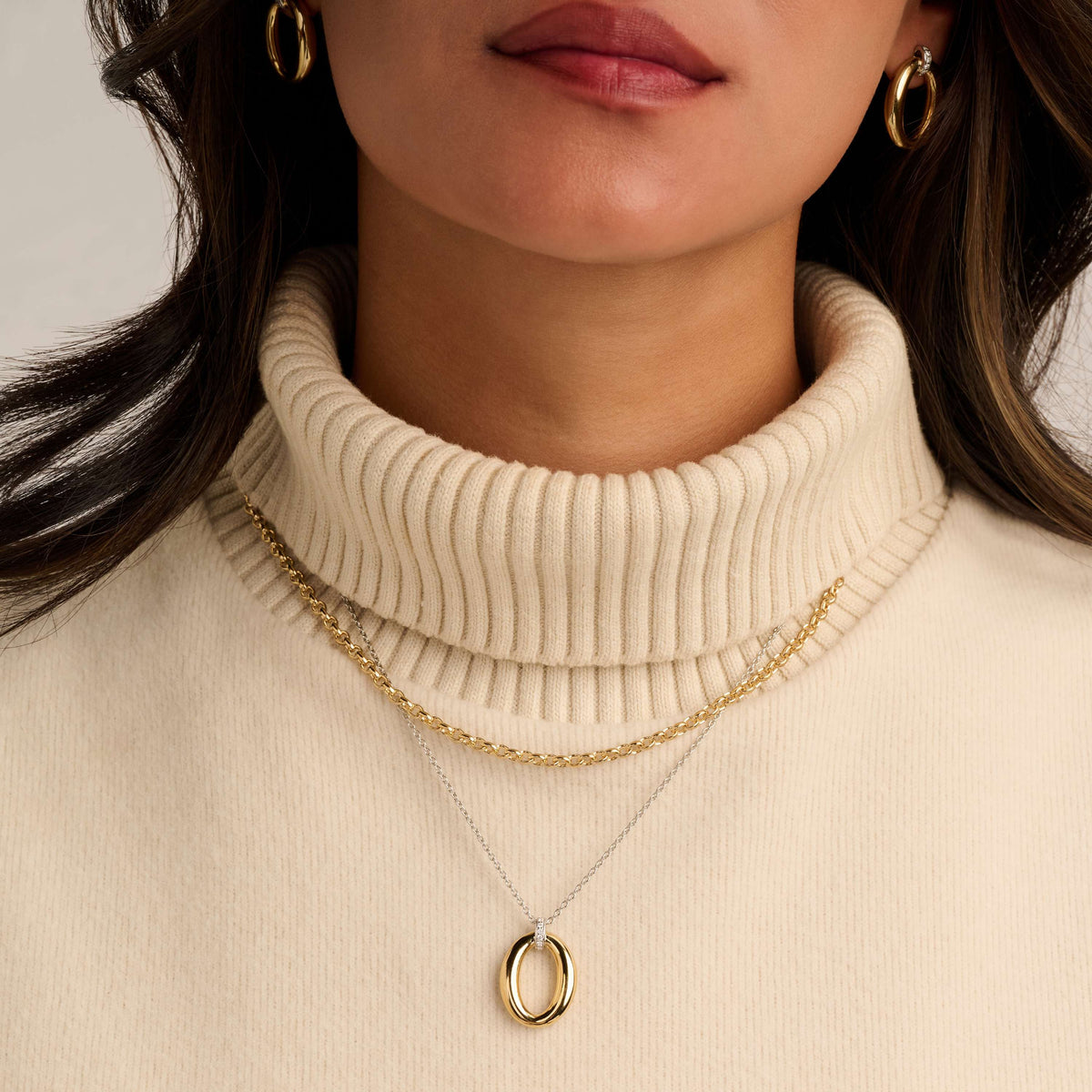 Gold Vermeil soft oval pendant on Sterling Silver chain, styled