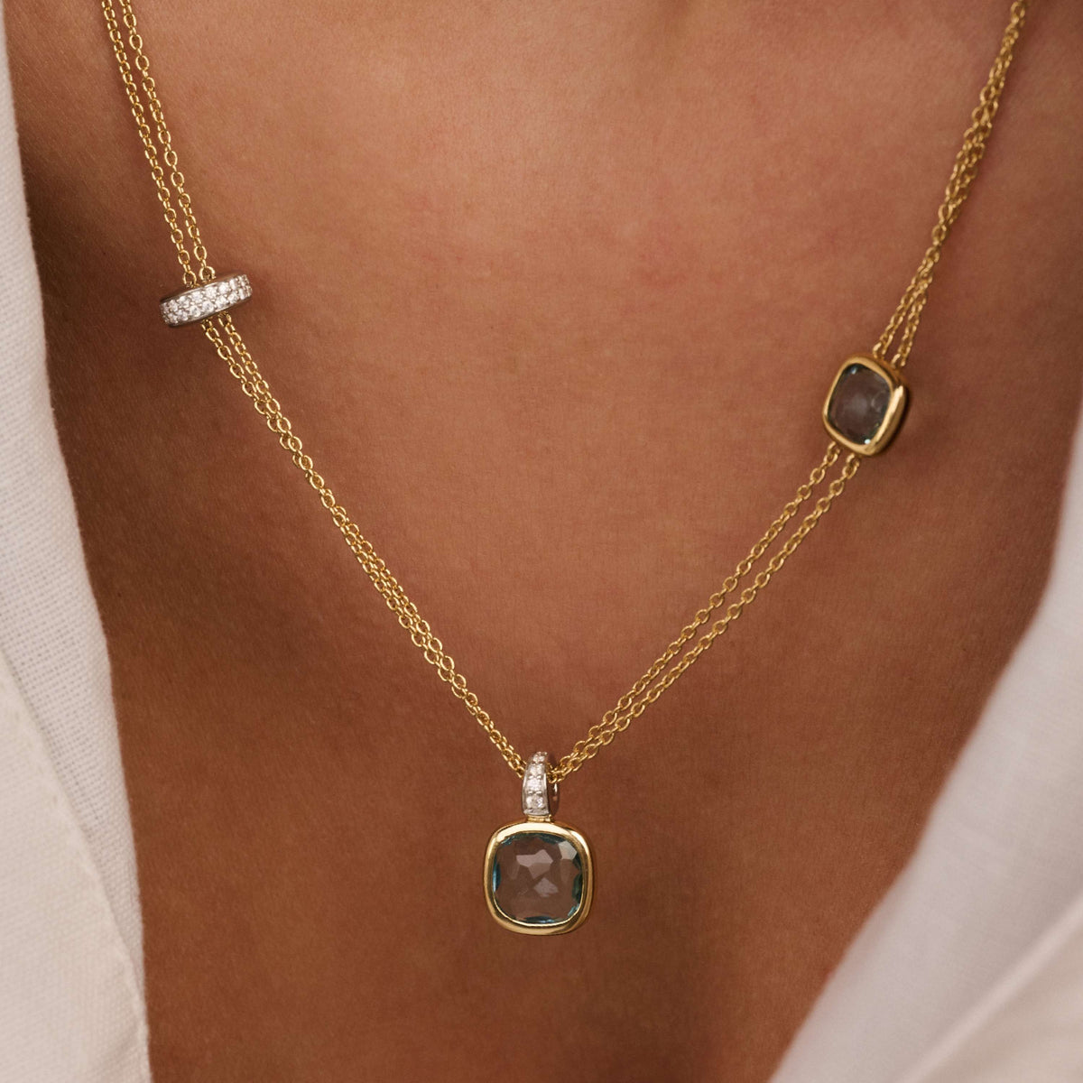 Gold Vermeil layered necklace with blue cushion stones, styled