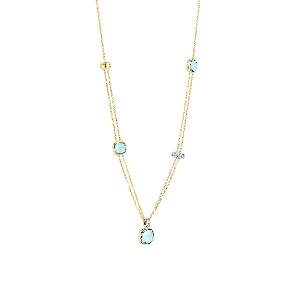 Gold Vermeil layered necklace with blue cushion stones, alternative view