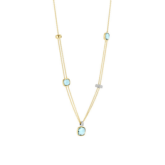 Gold Vermeil layered necklace with blue cushion stones, alternative view