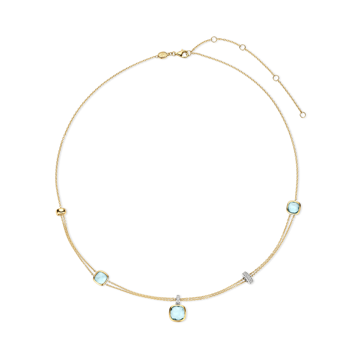 Gold Vermeil layered necklace with blue cushion stones, alternative view