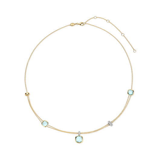 Gold Vermeil layered necklace with blue cushion stones, alternative view