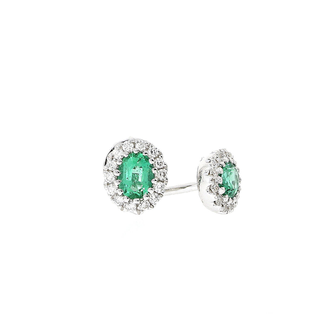 18ct White Gold oval shaped Emerald and Diamond cluster studs