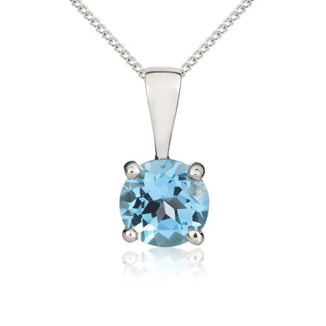 9ct White Gold Round Swiss Blue Topaz Claw set Pendant