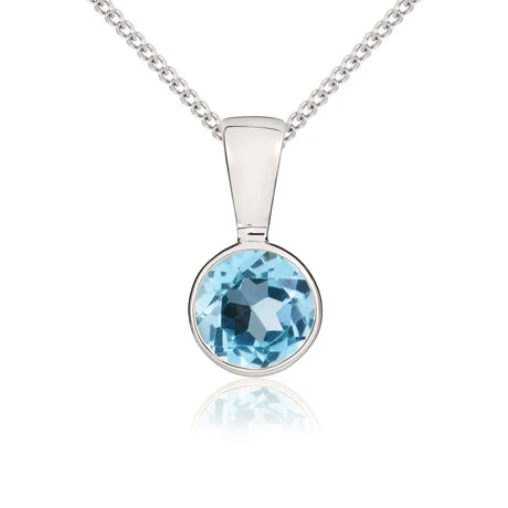 9ct White Gold Round Swiss Blue Topaz Rubover set Pendant