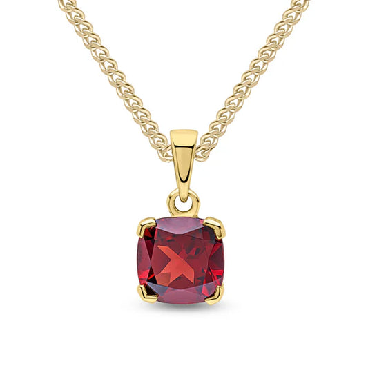 9ct Yellow Gold 8mm Cushion cut Garnet Pendant
