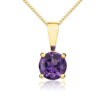 9ct Yellow Gold Round Amethyst Claw Set Pendant