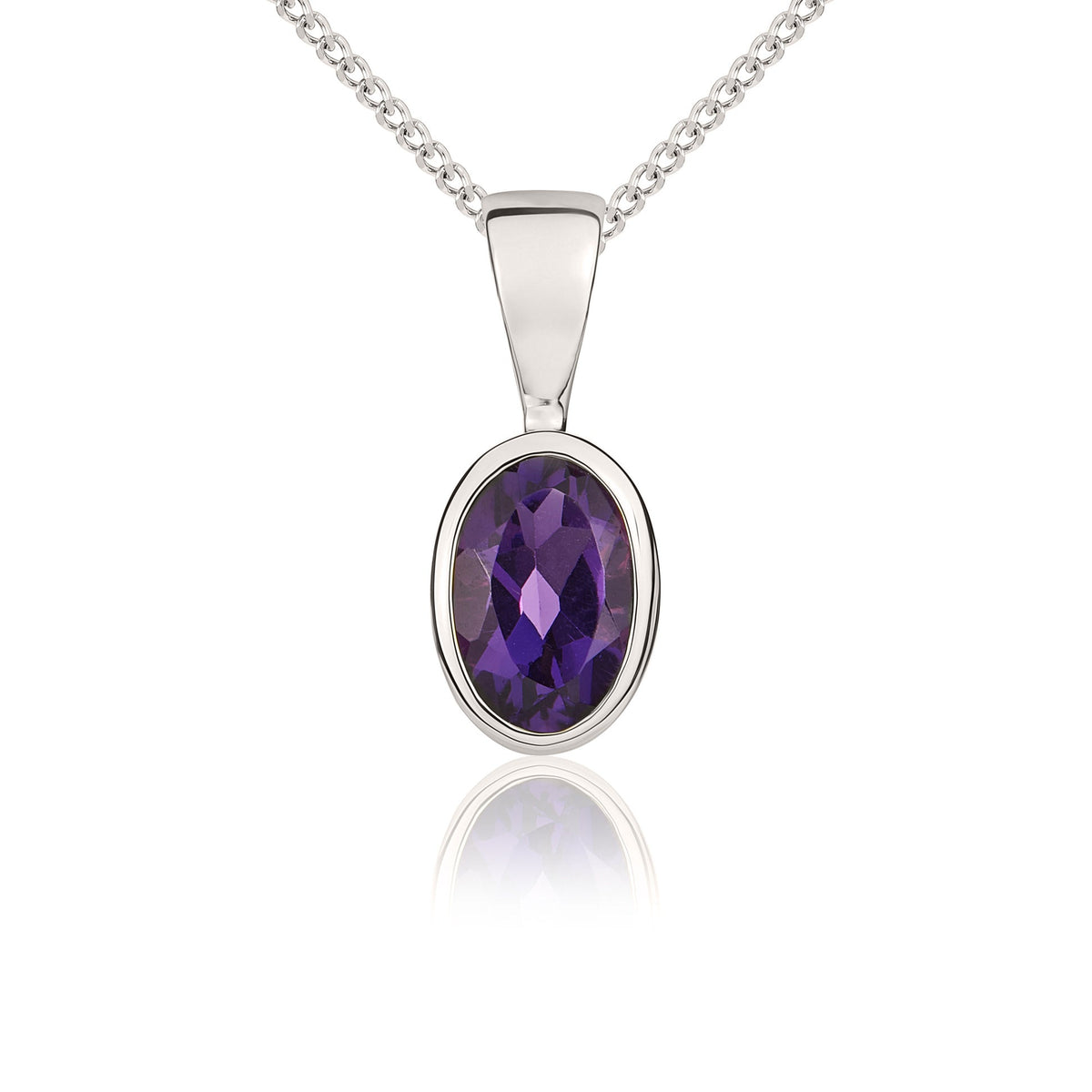 9ct White Gold Oval Amethyst Rubover set Pendant