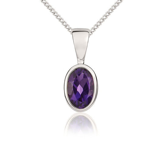 9ct White Gold Oval Amethyst Rubover set Pendant