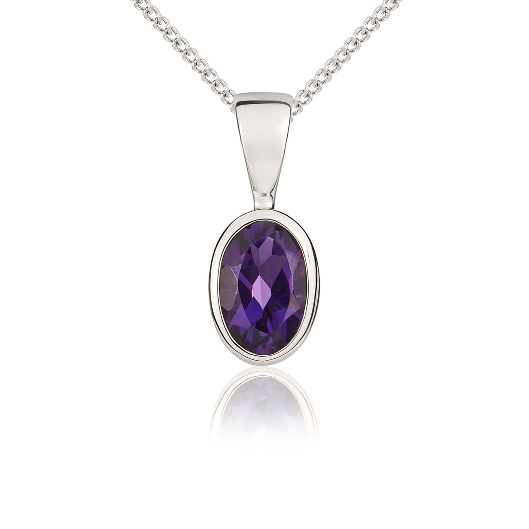 9ct White Gold Oval Amethyst Rubover Pendant