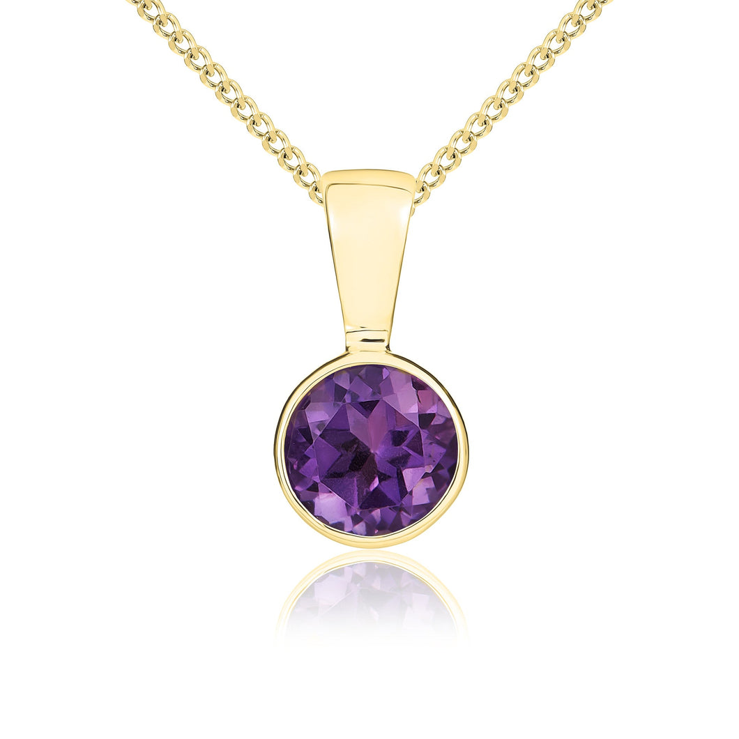 9ct Yellow Gold Round Amethyst Rubover Pendant