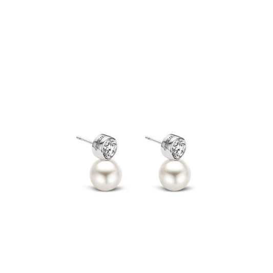 Sterling Silver, Cubic Zirconia and Pearl Stud Earrings