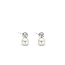Load image into Gallery viewer, Silver Cubic Zirconia and Pearl Stud Earrings
