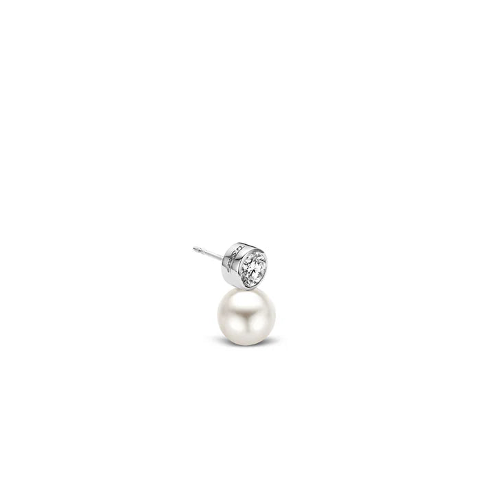 Sterling Silver, Cubic Zirconia and Pearl Stud Earrings, view 2