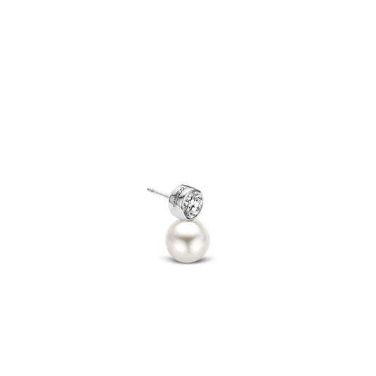 Sterling Silver, Cubic Zirconia and Pearl Stud Earrings, view 2