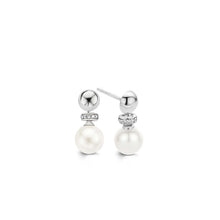 Load image into Gallery viewer, Pearl and Cubic Zirconia Tiered Drop Earrings by TI SENTO in Sterling Silver
