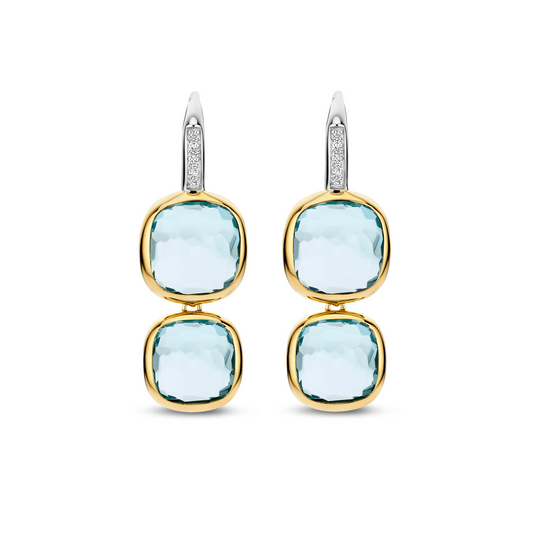 Gold Vermeil double blue cushion stone drop earrings, alternative view