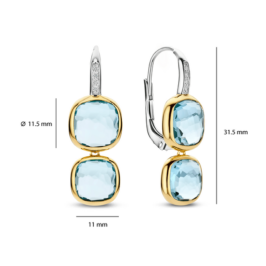 Gold Vermeil double blue cushion stone drop earrings, dimensions