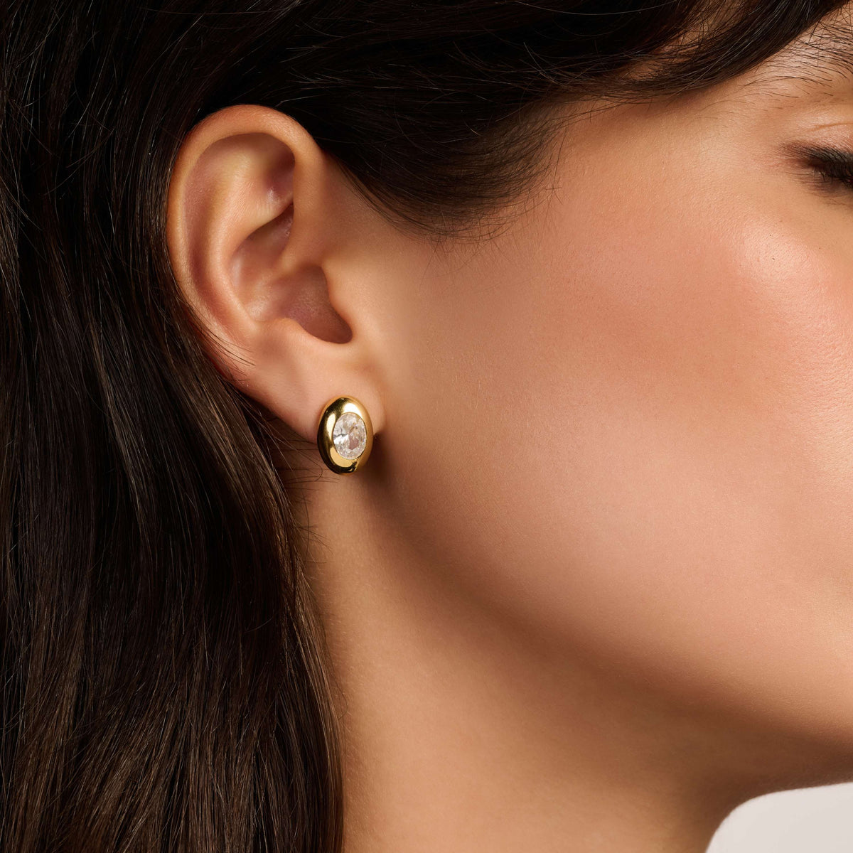 Gold Vermeil oval cubic zirconia stud earrings, styled