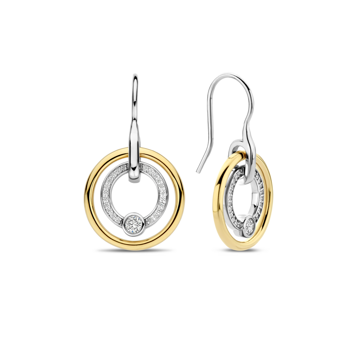 Gold Vermeil and Sterling Silver Two Tone circle drop earrings with cubic zirconia by TI SENTO